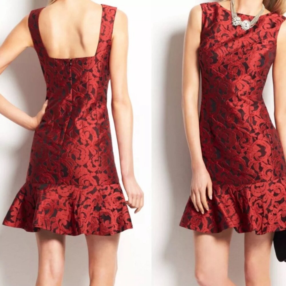 Ann Taylor | Red & Black Jacquard Formal Cocktail Dress | Size 0